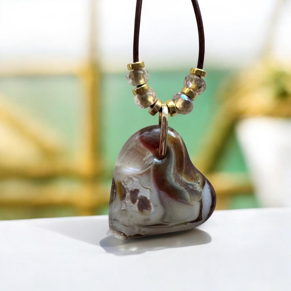 Heart Pendant Necklace with Animal Print – Gold Accents, Glass Fused Jewelry,